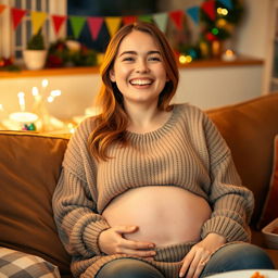 A cheerful young woman sitting on a cozy couch, wearing a comfortable oversized sweater, her face beaming with joy