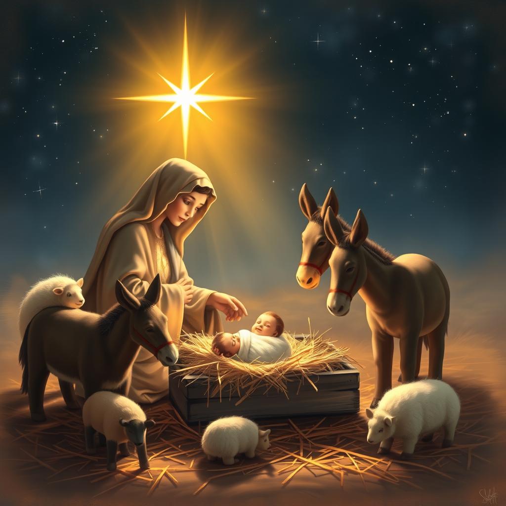 A serene and beautiful nativity scene depicting the birth of Jesus, immersed in a soft, warm light