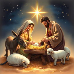 A serene and beautiful nativity scene depicting the birth of Jesus, immersed in a soft, warm light