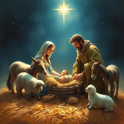 A serene and beautiful nativity scene depicting the birth of Jesus, immersed in a soft, warm light
