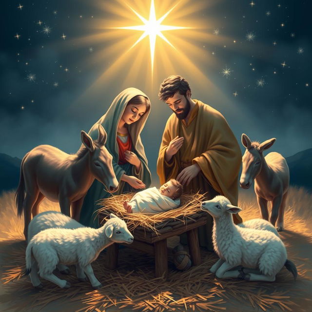 A serene and beautiful nativity scene depicting the birth of Jesus, immersed in a soft, warm light