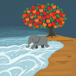 A gray baby elephant is walking through the rushing river water, determinedly making its way to the opposite shore
