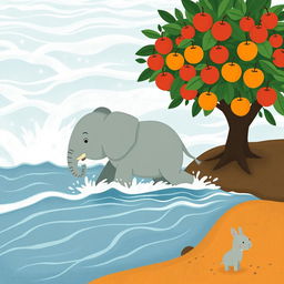 A gray baby elephant is walking through the rushing river water, determinedly making its way to the opposite shore
