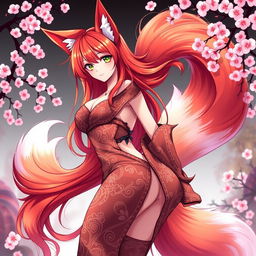 A sexy anime girl Kitsune with alluring curves, embodying the mystical essence of a fox spirit