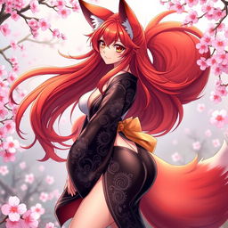 A sexy anime girl Kitsune with alluring curves, embodying the mystical essence of a fox spirit