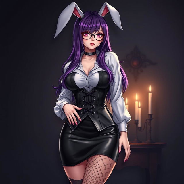 A sexy gothic anime bunny girl, featuring striking long purple hair and stylish glasses that accentuate her captivating features