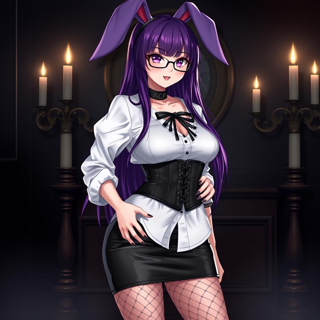 A sexy gothic anime bunny girl, featuring striking long purple hair and stylish glasses that accentuate her captivating features