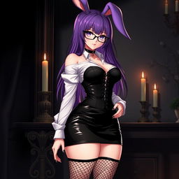 A sexy gothic anime bunny girl, featuring striking long purple hair and stylish glasses that accentuate her captivating features