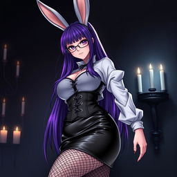 A sexy gothic anime bunny girl, featuring striking long purple hair and stylish glasses that accentuate her captivating features