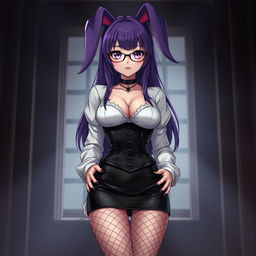 A sexy gothic anime bunny girl with striking long purple hair styled elegantly, adorned with stylish glasses that enhance her captivating expression