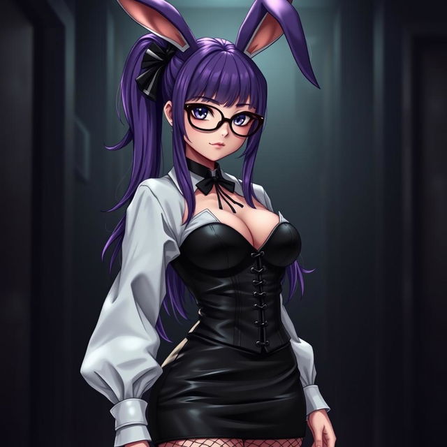 A sexy gothic anime bunny girl with striking long purple hair styled elegantly, adorned with stylish glasses that enhance her captivating expression