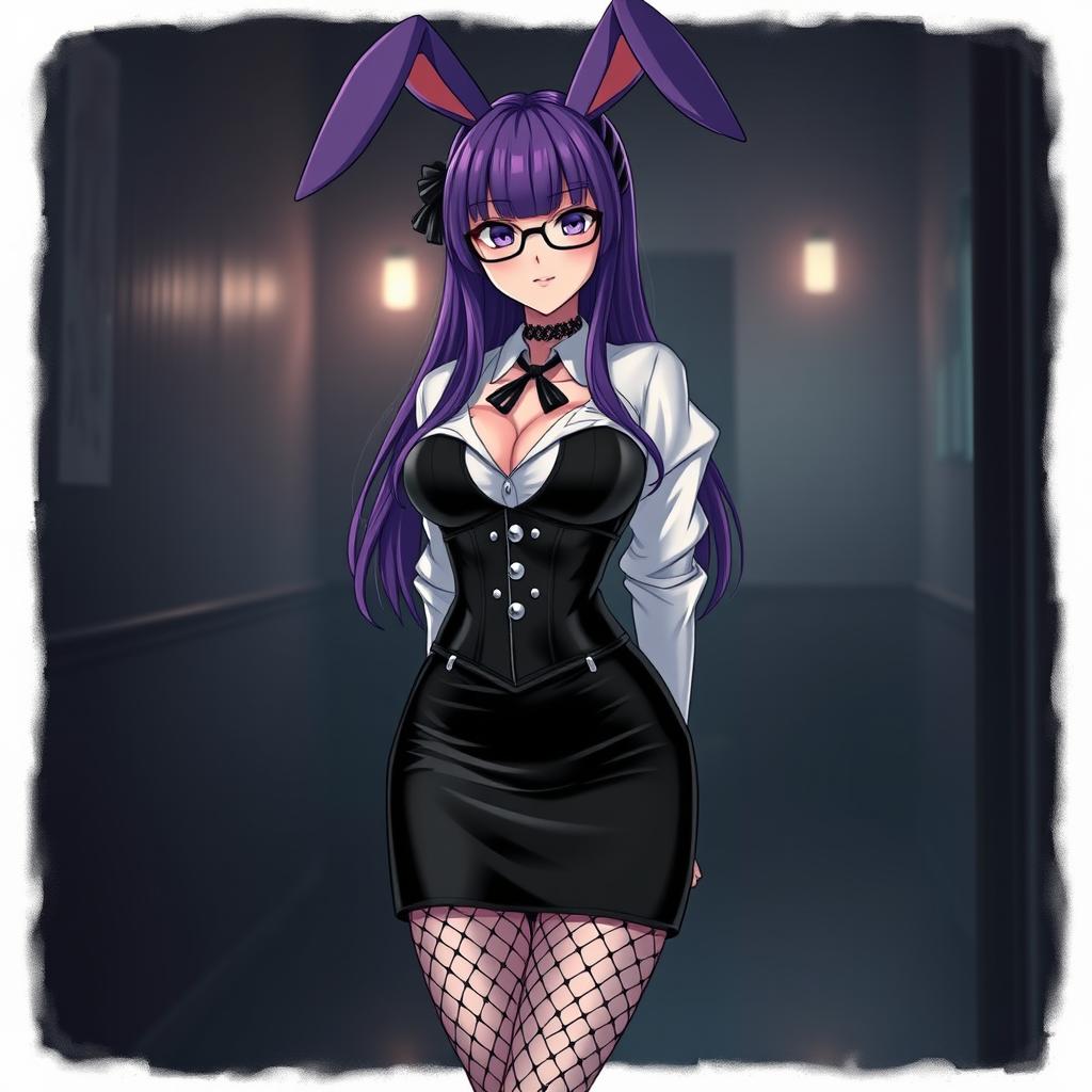 A sexy gothic anime bunny girl with striking long purple hair styled elegantly, adorned with stylish glasses that enhance her captivating expression