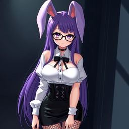 A sexy gothic anime bunny girl with striking long purple hair styled elegantly, adorned with stylish glasses that enhance her captivating expression