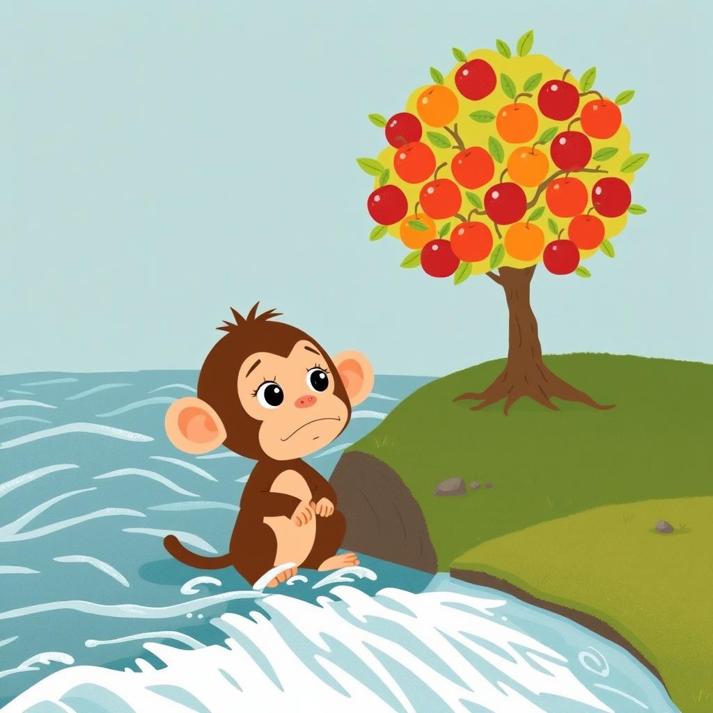 A brown baby monkey is anxiously watching the rushing river water from the riverbank, its expression full of concern and curiosity