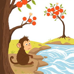 A brown baby monkey is anxiously watching the rushing river water from the riverbank, its expression full of concern and curiosity