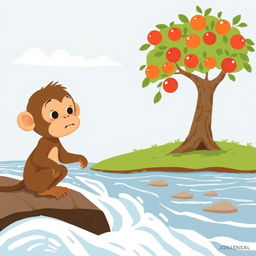 A brown baby monkey is anxiously watching the rushing river water from the riverbank, its expression full of concern and curiosity
