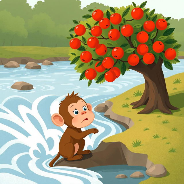 A brown baby monkey is anxiously watching the rushing river water from the riverbank, its expression full of concern and curiosity