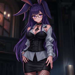 A sexy gothic anime bunny girl showcasing long, flowing purple hair and stylish glasses that enhance her seductive appearance