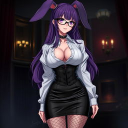 A sexy gothic anime bunny girl showcasing long, flowing purple hair and stylish glasses that enhance her seductive appearance