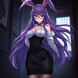 A sexy gothic anime bunny girl showcasing long, flowing purple hair and stylish glasses that enhance her seductive appearance