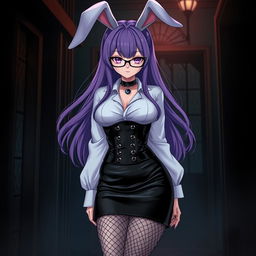 A sexy gothic anime bunny girl showcasing long, flowing purple hair and stylish glasses that enhance her seductive appearance