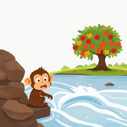 A brown baby monkey is anxiously watching the rushing river water from the riverbank, its eyes wide with concern and curiosity
