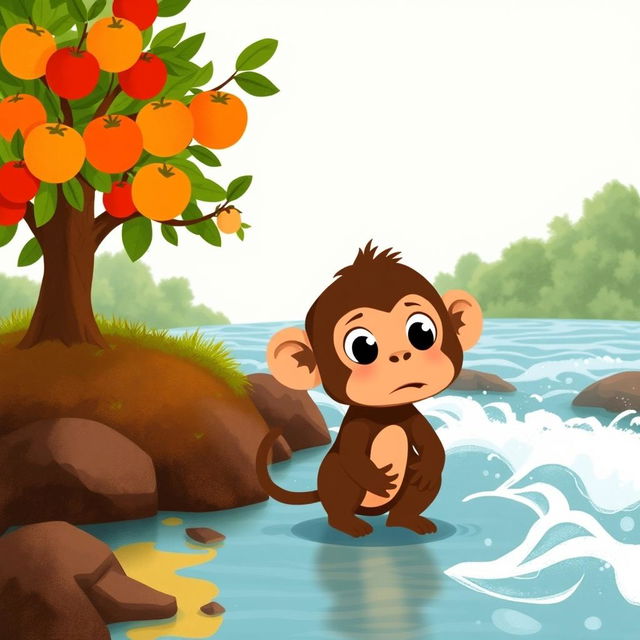 A brown baby monkey is anxiously watching the rushing river water from the riverbank, its eyes wide with concern and curiosity