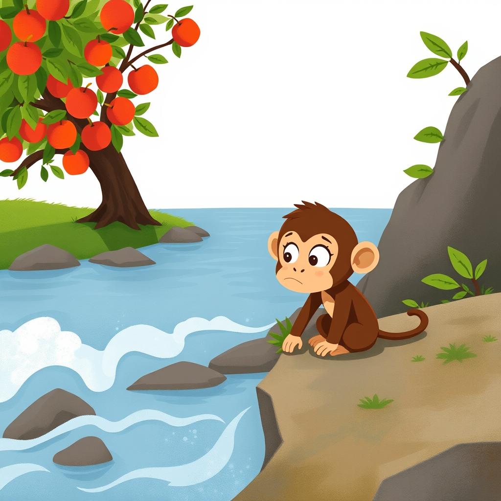 A brown baby monkey is anxiously watching the rushing river water from the riverbank, its eyes wide with concern and curiosity