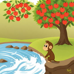 A brown baby monkey is anxiously watching the rushing river water from the riverbank, its eyes wide with concern and curiosity