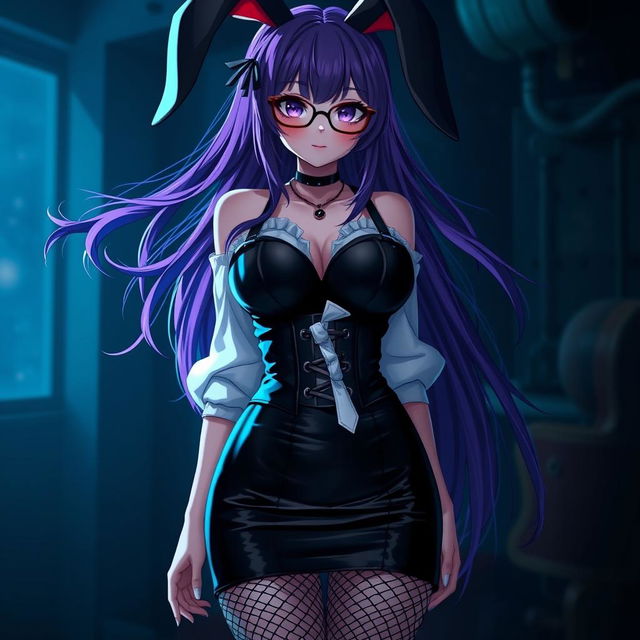 A sexy gothic anime bunny girl with long, flowing purple hair cascading elegantly, adorned with stylish glasses that enhance her allure