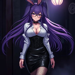 A sexy gothic anime bunny girl with long, flowing purple hair cascading elegantly, adorned with stylish glasses that enhance her allure