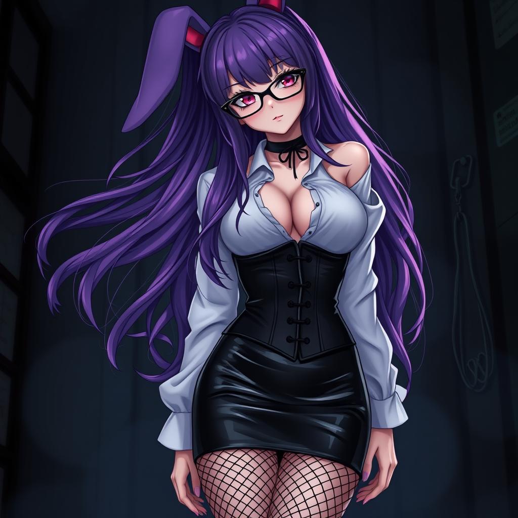 A sexy gothic anime bunny girl with long, flowing purple hair cascading elegantly, adorned with stylish glasses that enhance her allure