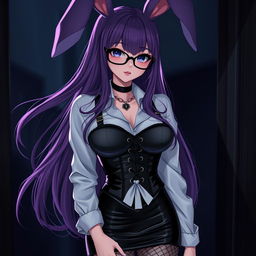 A sexy gothic anime bunny girl with long, flowing purple hair cascading elegantly, adorned with stylish glasses that enhance her allure