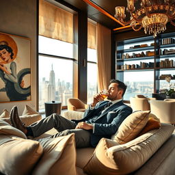 An intriguing scene of a well-dressed man lounging in a luxurious, modern living room, surrounded by opulence