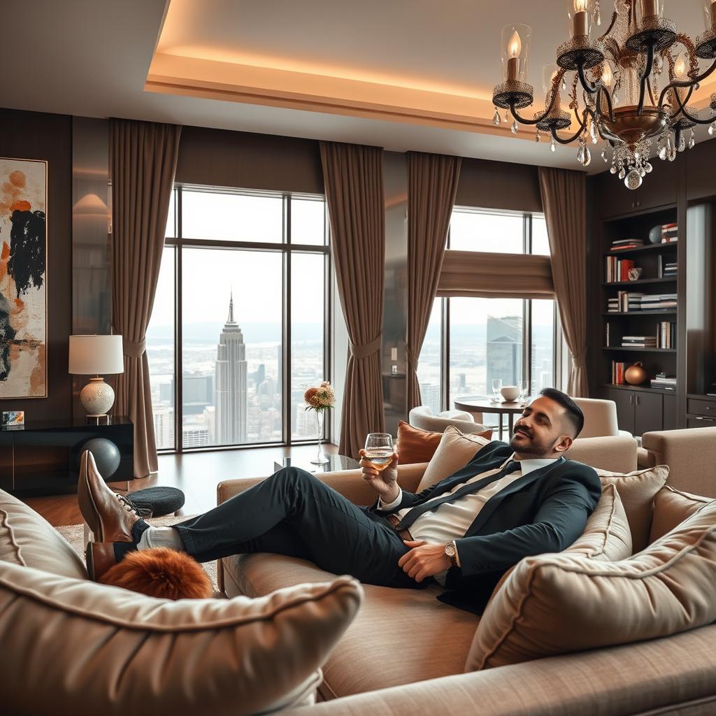 An intriguing scene of a well-dressed man lounging in a luxurious, modern living room, surrounded by opulence