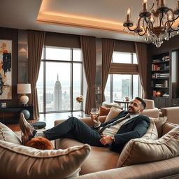 An intriguing scene of a well-dressed man lounging in a luxurious, modern living room, surrounded by opulence