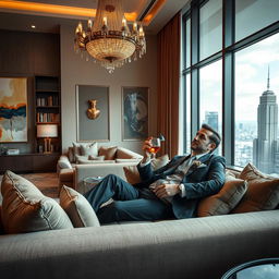 An intriguing scene of a well-dressed man lounging in a luxurious, modern living room, surrounded by opulence