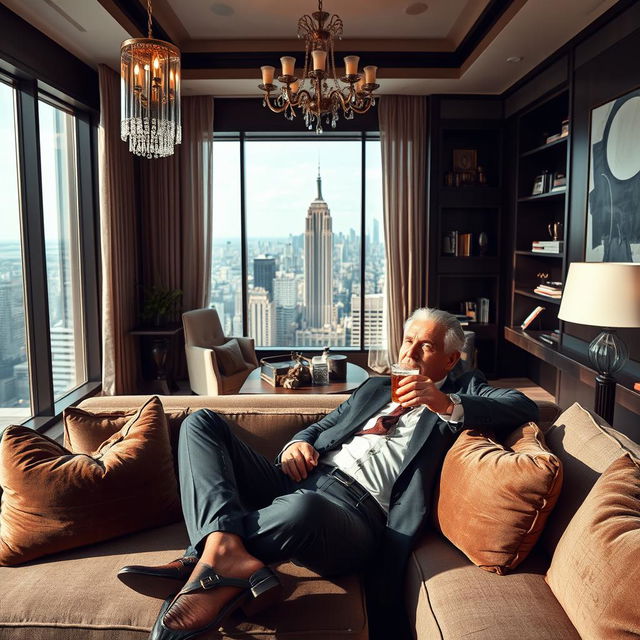 An intriguing scene of a well-dressed man lounging in a luxurious, modern living room, surrounded by opulence