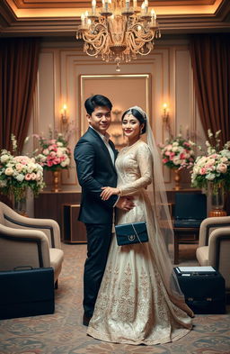 A romantic scene depicting an arranged marriage scenario featuring a young couple