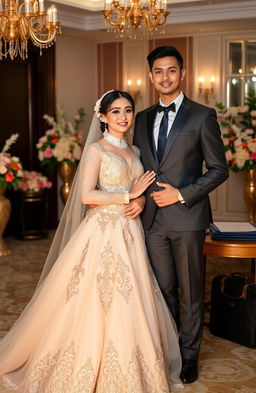 A romantic scene depicting an arranged marriage scenario featuring a young couple