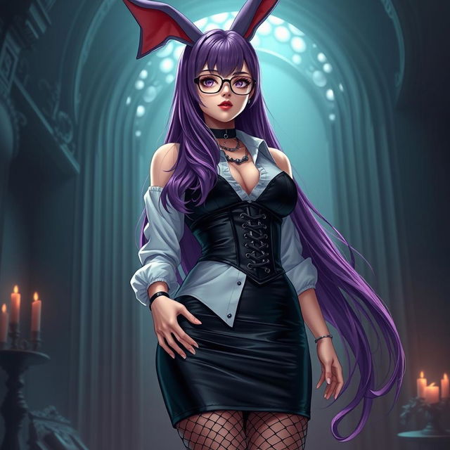 A sexy gothic anime bunny girl featuring long, luxurious purple hair that flows elegantly, paired with stylish glasses that accentuate her alluring visage