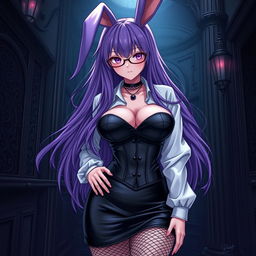 A sexy gothic anime bunny girl featuring long, luxurious purple hair that flows elegantly, paired with stylish glasses that accentuate her alluring visage