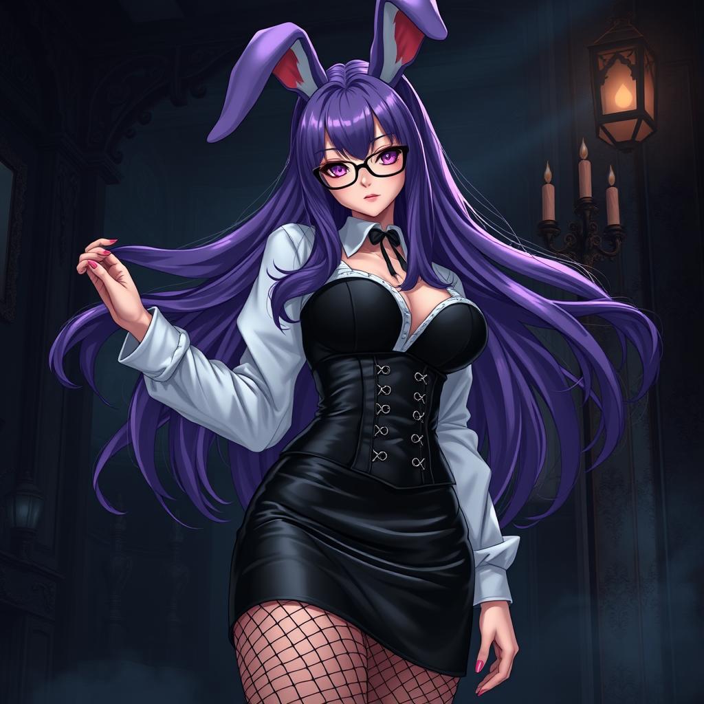 A sexy gothic anime bunny girl featuring long, luxurious purple hair that flows elegantly, paired with stylish glasses that accentuate her alluring visage