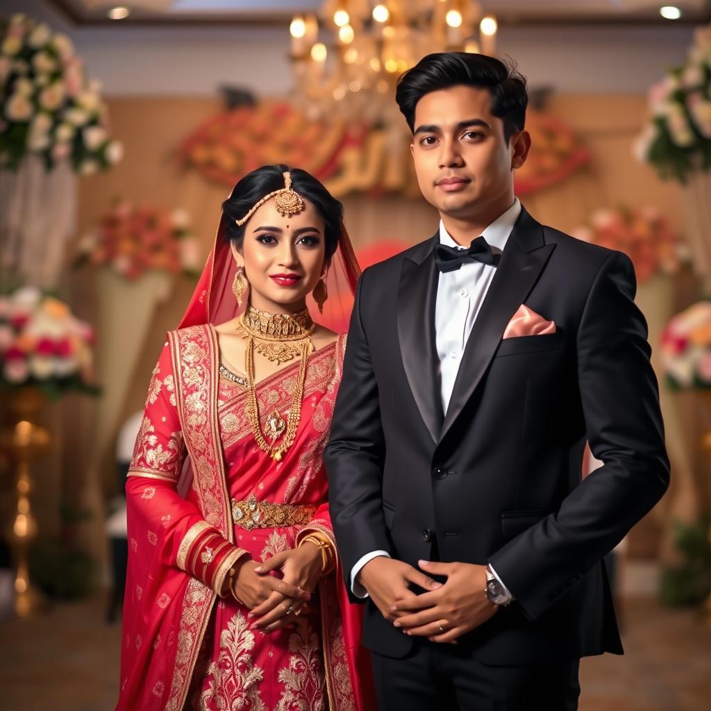 A captivating scene inspired by the theme of arranged marriage, showcasing a beautiful bride in a traditional wedding attire adorned with exquisite details and vibrant colors