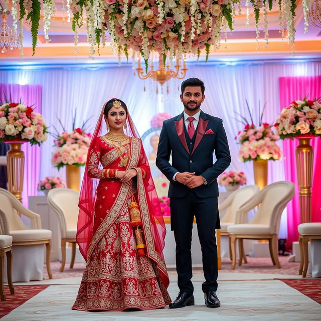 A captivating scene inspired by the theme of arranged marriage, showcasing a beautiful bride in a traditional wedding attire adorned with exquisite details and vibrant colors