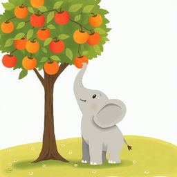 A gray baby elephant stands at the base of a tall apple tree, looking up with a frustrated expression as it tries to reach the apples hanging high above its head