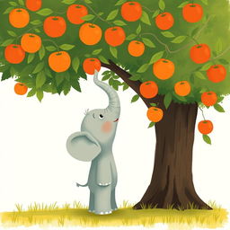 A gray baby elephant stands at the base of a tall apple tree, looking up with a frustrated expression as it tries to reach the apples hanging high above its head