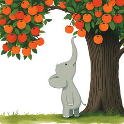 A gray baby elephant stands at the base of a tall apple tree, looking up with a frustrated expression as it tries to reach the apples hanging high above its head