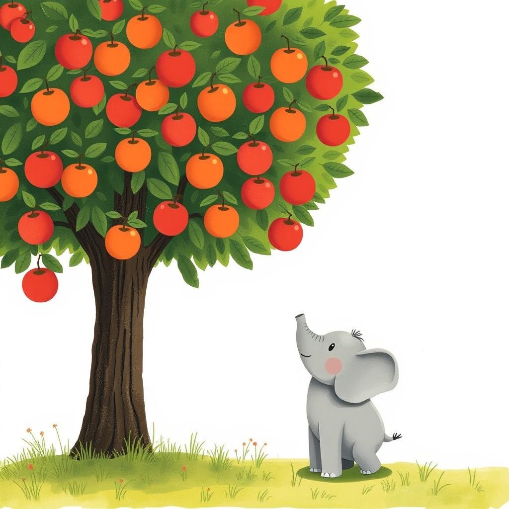 A gray baby elephant stands at the base of a tall apple tree, looking up with a frustrated expression as it tries to reach the apples hanging high above its head