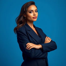 A stunning woman posing confidently in a stylish navy blue outfit, showcasing her modern fashion sense